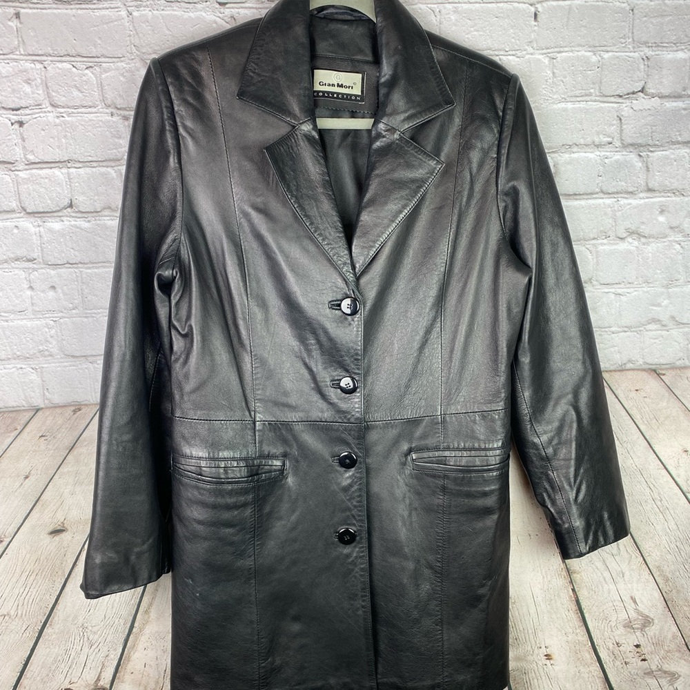 Gian Mori Black Leather Button Down Coat Jacket Size Large